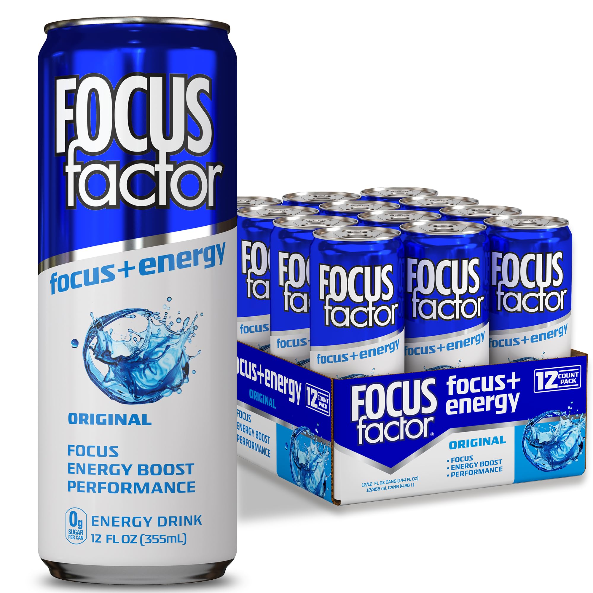 Focus Factor Energy Drink - 12 x 355ml 캔 (오리지널 맛) - 집중력 + 에너지 포함 - 가벼운 탄산, 무설탕, 저칼로리 비타민 B6 및 B12 함유