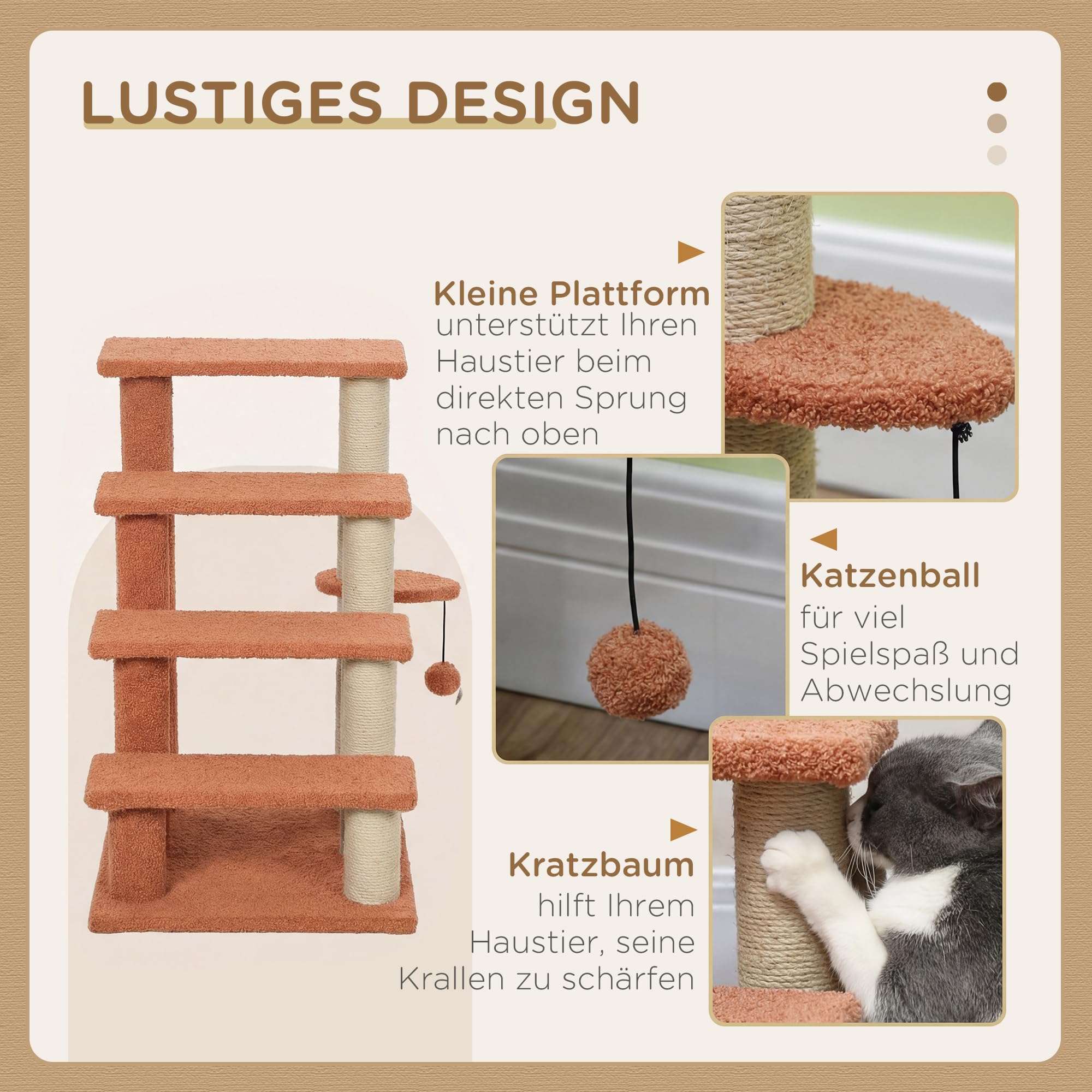 PawHut Escalier pour chats avec griffoir Escalier pour animaux domestiques à 4 marches avec balle de jeu Escalier pour chiens Escalier pour animaux pour chats jusqu'à 5 kg, peluche Jute Marron 60 x 40