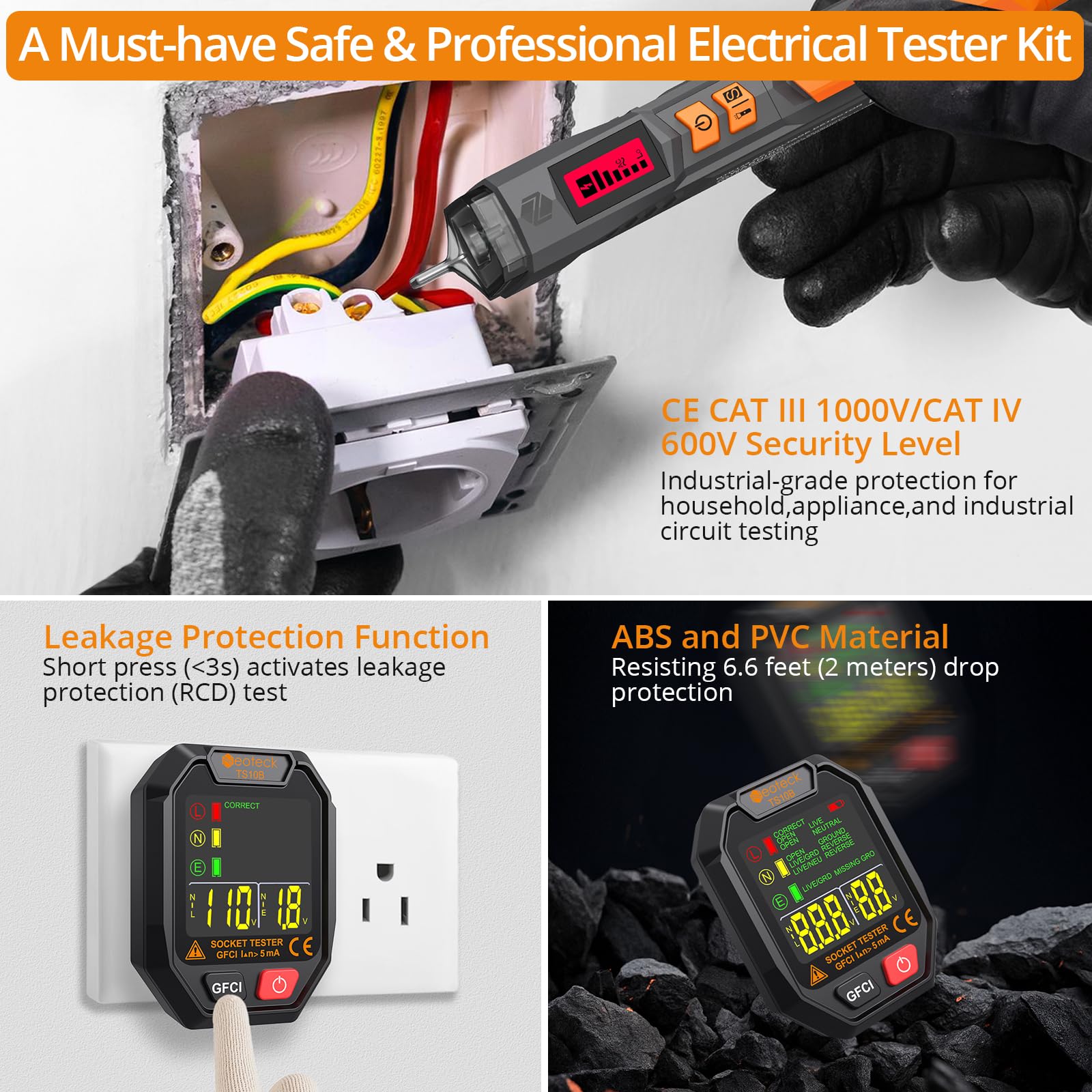 Neoteck Kit de Probador Eléctrico con Detector de Voltaje sin Contacto 12-1000V/48-1000V AC y Comprobador de Enchufe GFCI para Hogar y Electricistas