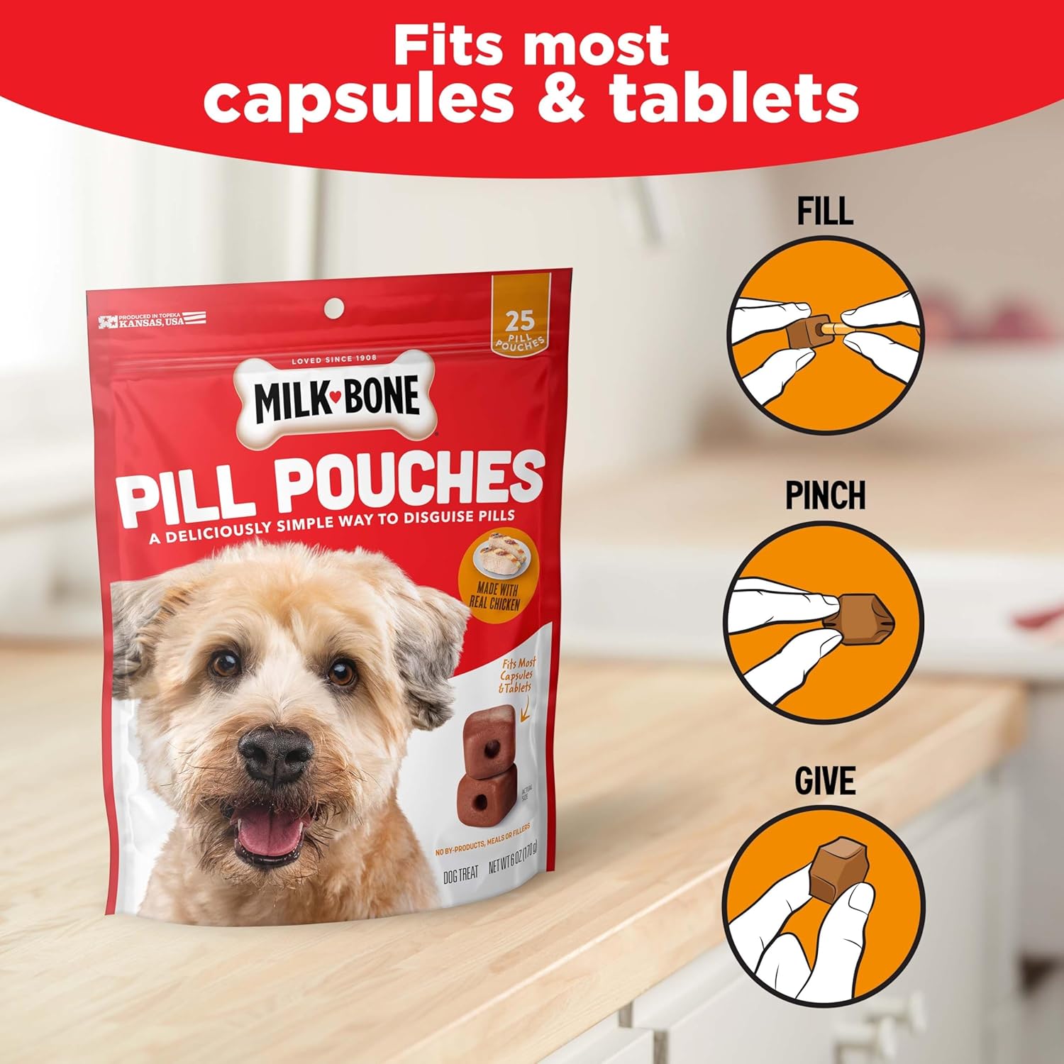 Milk-Bone Pill Pouches Dog Treats With Real Chicken, 25 Count Bags (Pack of 5; 125 Total Treats)