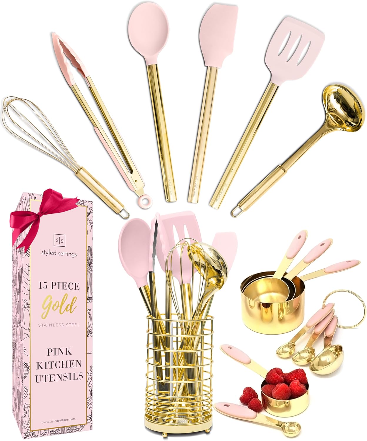 Pink Kitchen Set 15 Piece Gold and Pink Kitchen Utensils