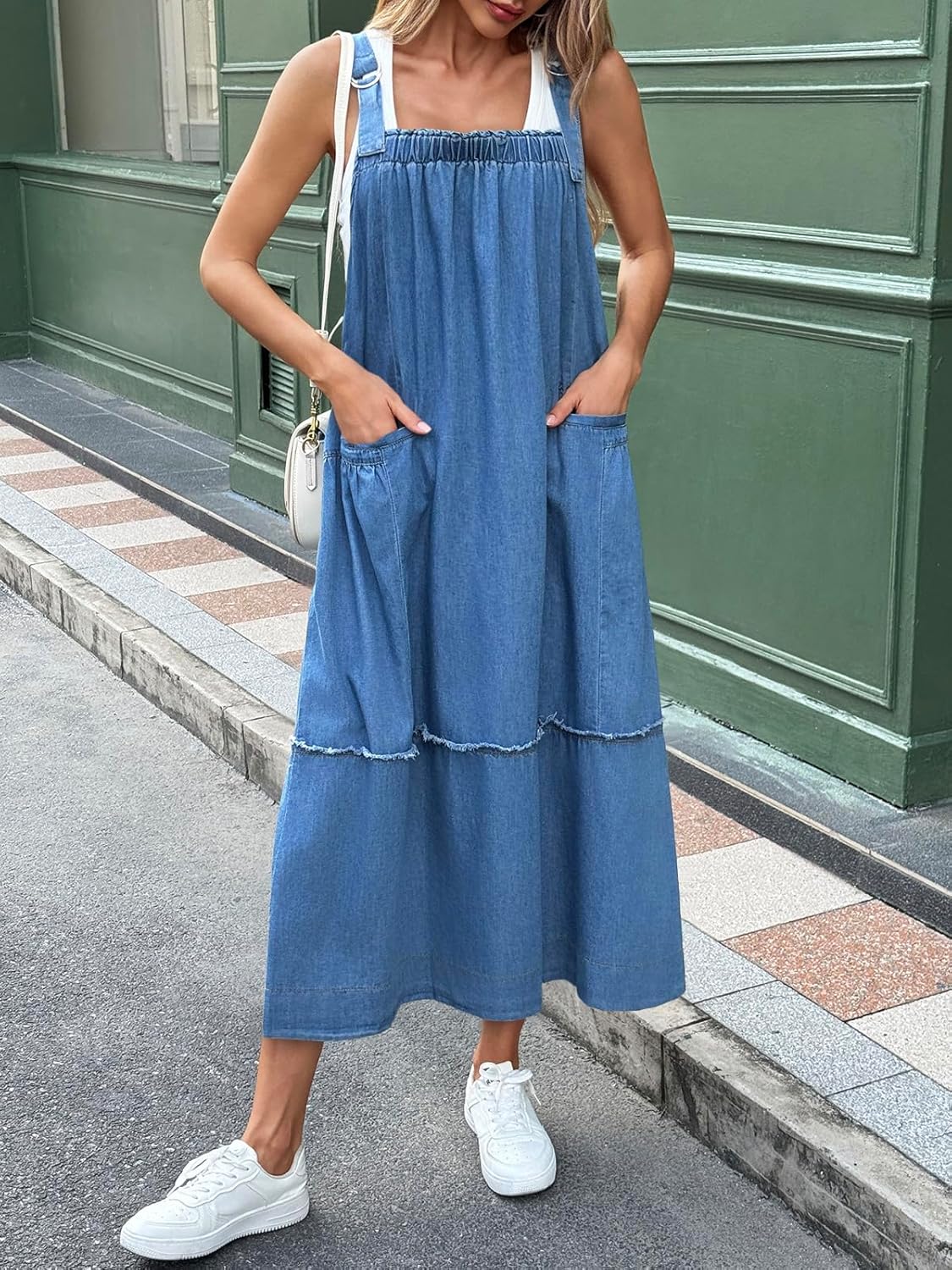 Cicy Bell Women's Denim Overall Dress Casual Adjutable Strap Back Drawstring Loose Jumper Bib Maxi Dresses with Pockets - Image 5