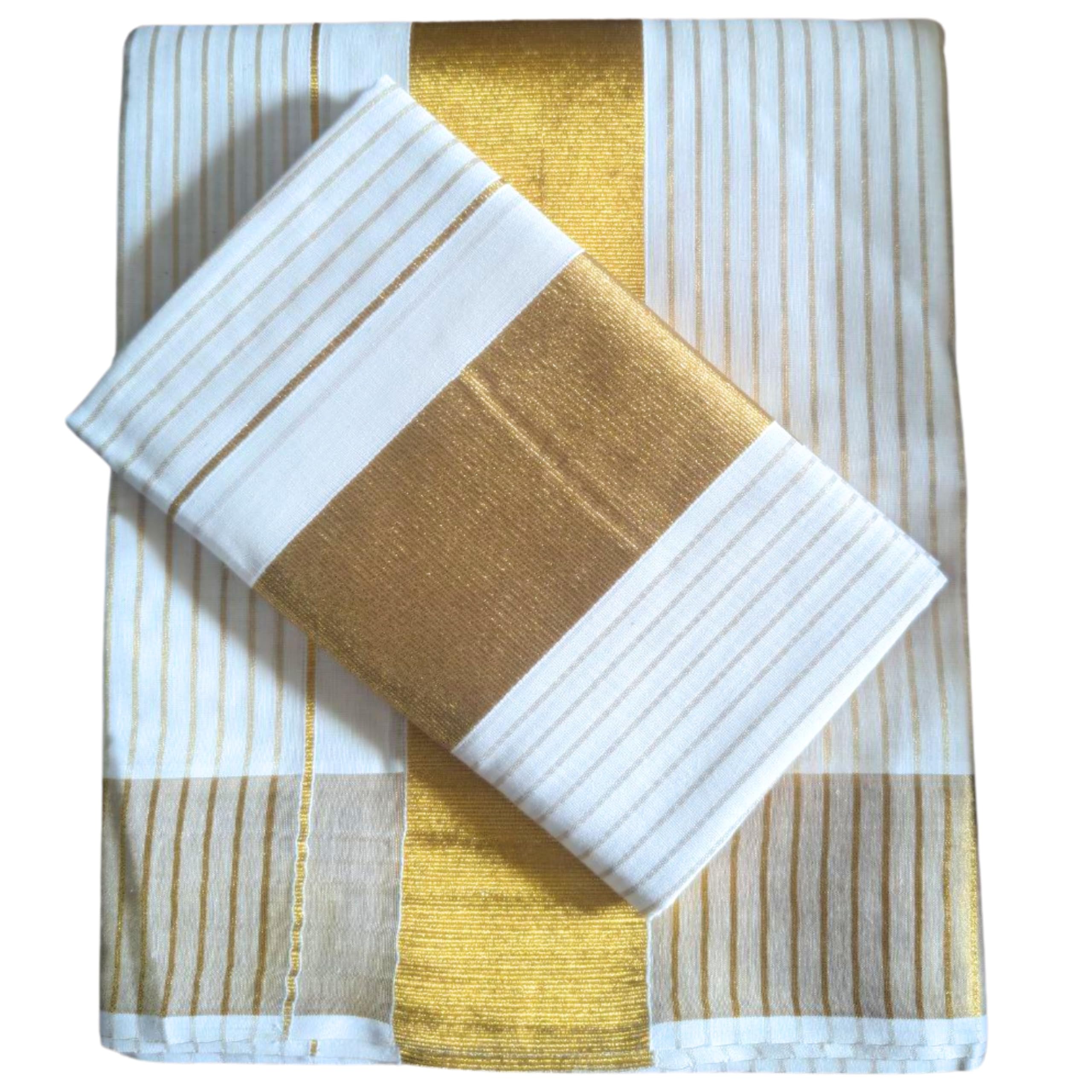 MAT Kuthampully Kerela Onam Wear Flora Jari Woven Cotton Kasavu Kattikara Stripe Lines Set Mundu Set Saree For Women with 3 inch Border and Kuri | With Blouse-picture-22