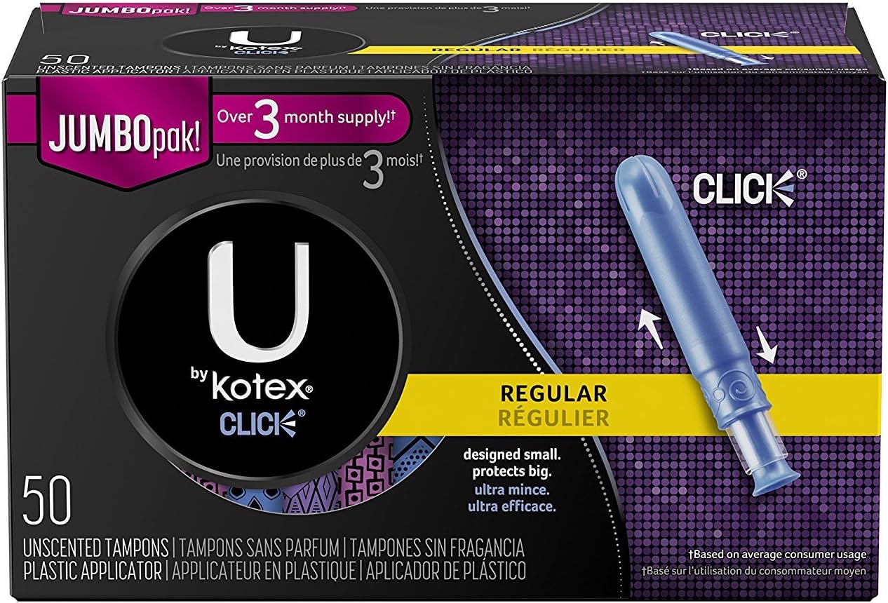 U by Kotex Click Compact Tampons, Regular Absorbency, Unscented, 300 Count (6 Boxes of 50)