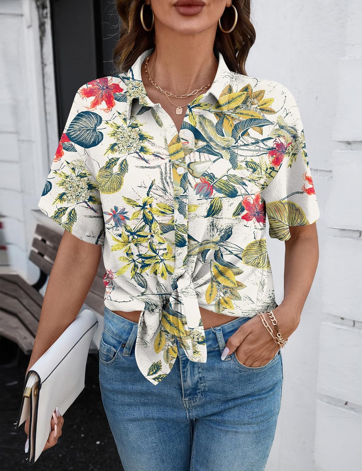 Rapbin Womens Short Sleeve Button Down Shirts Casual V Neck Collared Blouses Work Tops - Image 6