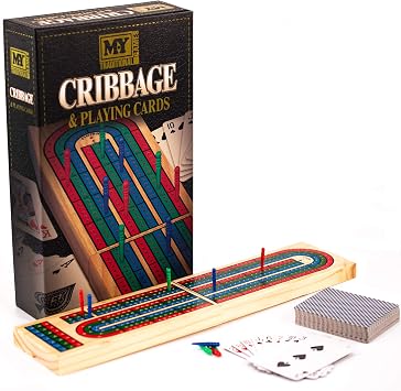The Magic Toy Shop 2 in 1 - Traditional Wooden Cribbage Board Game Folding 3 Track 9 Pegs Family Travel Size and Playng Cards Set
