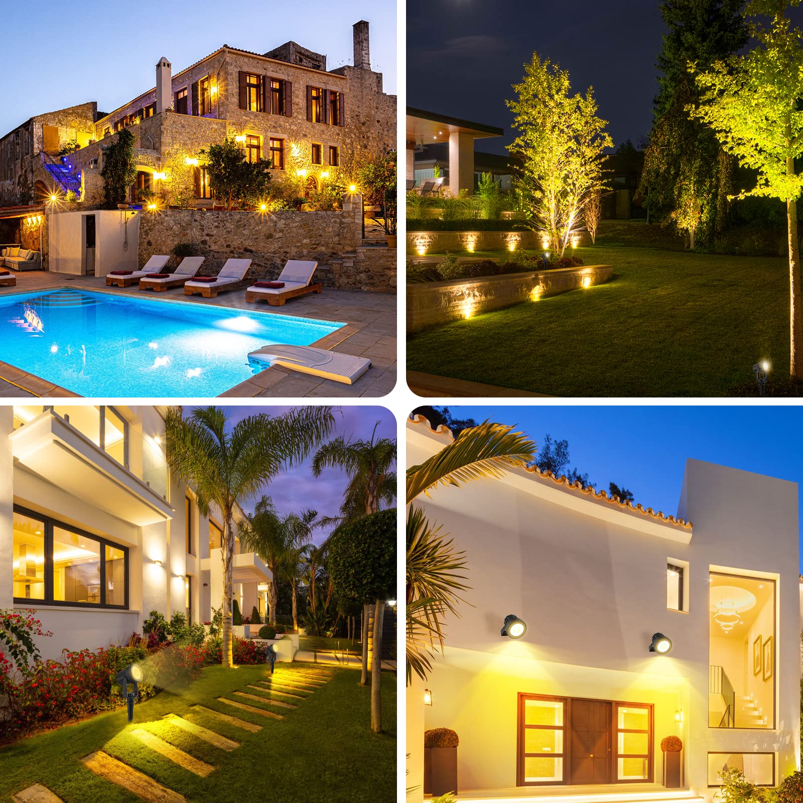 T-SUNUS Foco Solares Exterior Jardín, 4 en 1 Luz Solar Exterior, Impermeable IP65, 2 Modos de Intensidad luminosa, Lámparas Solares para Exteriores Arboles Terrazas Patios, Blanco Cálido