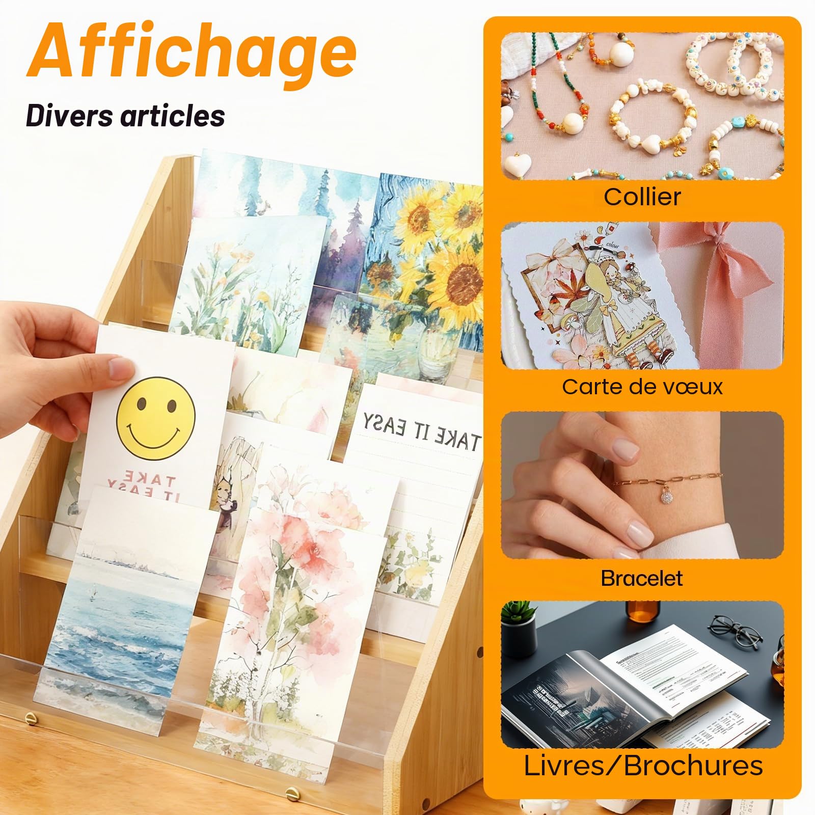 4 Niveau Presentoir Carte Postale en Bambou, Présentoir Support Carte pour Vente au Détail D'Autocollants Livre Visite Bureau Beige
