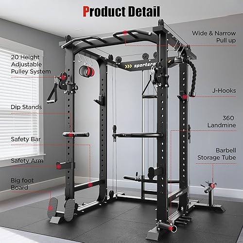 Vista 9 de Sportsroyals Jaula de Potencia, Rack de Potencia Multifuncional de 1600 libras con Sistema de Cruce de Cable Ajustable y Más Accesorios de Negro