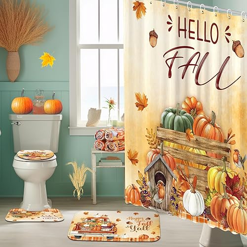Miniatura 6 de Tranqun Juego de 8 cortinas de ducha de otoño con diseño de Hello Fall para decoración de baño, calabaza, girasol, camión, cortina de ducha