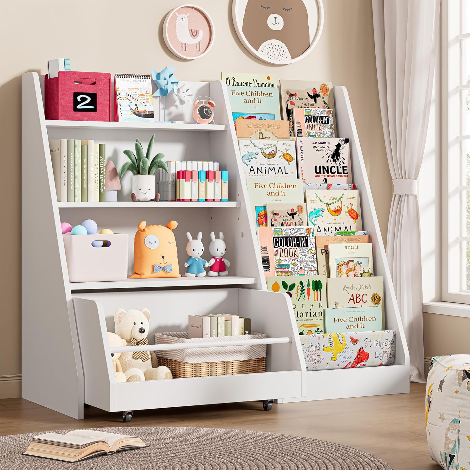 IRONCK Kids Bookshelf and Toy Storage, 42" Wide Large Toddler Bookshelf with Movable Drawer and 5 Sling Pockets, Montessori Book Shelf for Kids Rooms-White