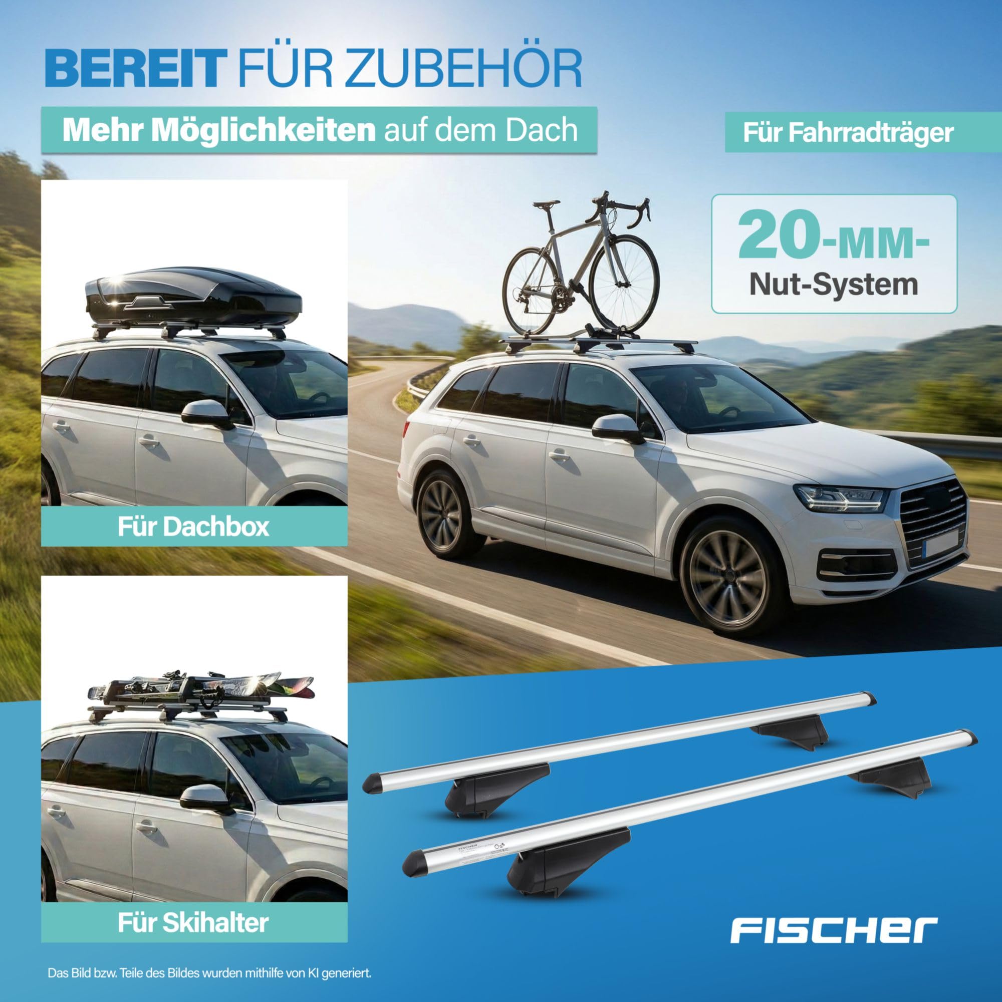 FISCHER Barre portapacchi CrossLine L, per portabici, box da tetto o portasci, per portapacchi integrati, portata 75 kg, premontate, con serratura, spessore 45 x 28 mm, lunghezza barra: 120 cm