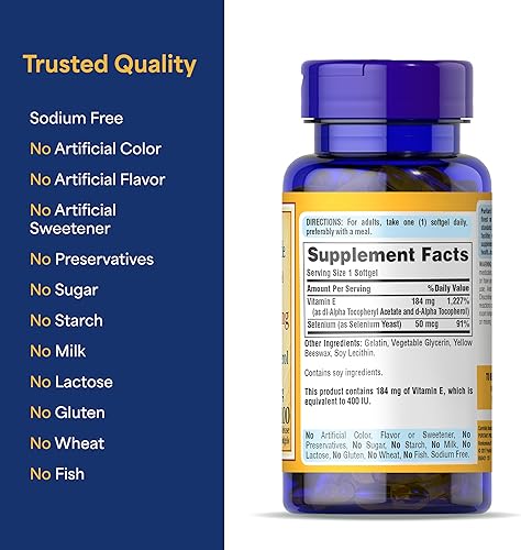 Miniatura 6 de Puritans Pride for Support of Immune System - Vitamina E 400 IU con selenio 50 mcg para la salud inmunológica 100 cápsulas blandas