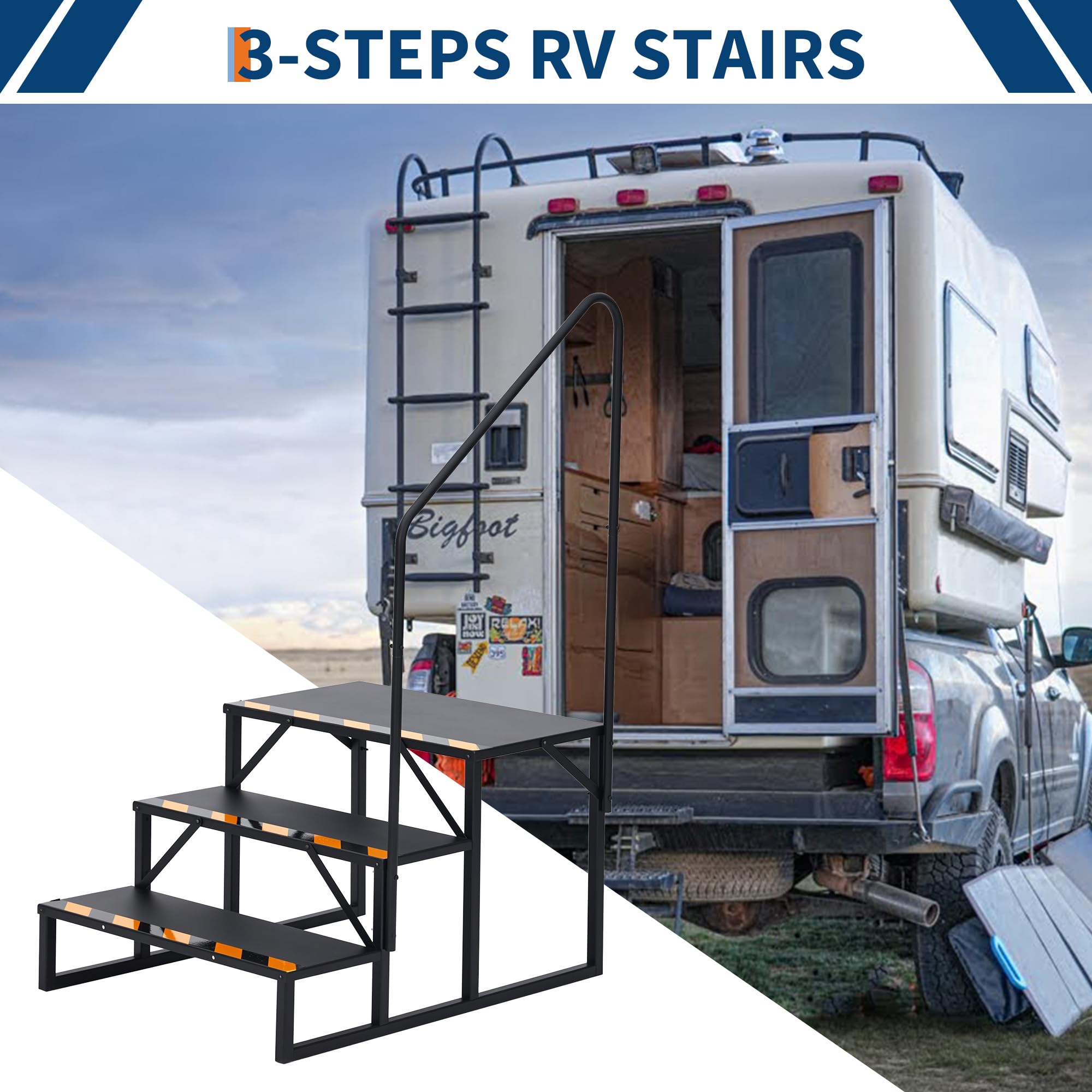 Garvee Scala Esterna Di Estensione Per Camper, 3 Gradini Antiscivolo Con Corrimano – Acciaio Robusto e Resistente, Ideale Caravan, Spa, Terrazze, Rimorchi Finitura Verniciata a Polvere
