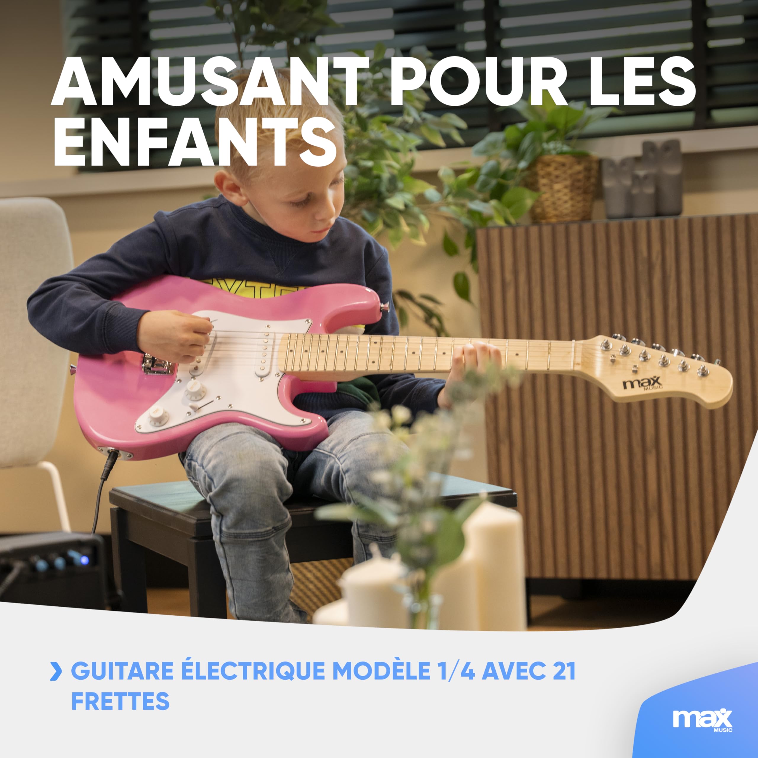 MAX GigKit Junior Guitare Électrique Enfant 1/4 Rose avec Ampli 10W, Housse, Accessoires et Lunettes de Star, Kit Complet Débutant Garçon ou Fille (5 à 7 Ans), Idéale pour Apprendre et s’Amuser