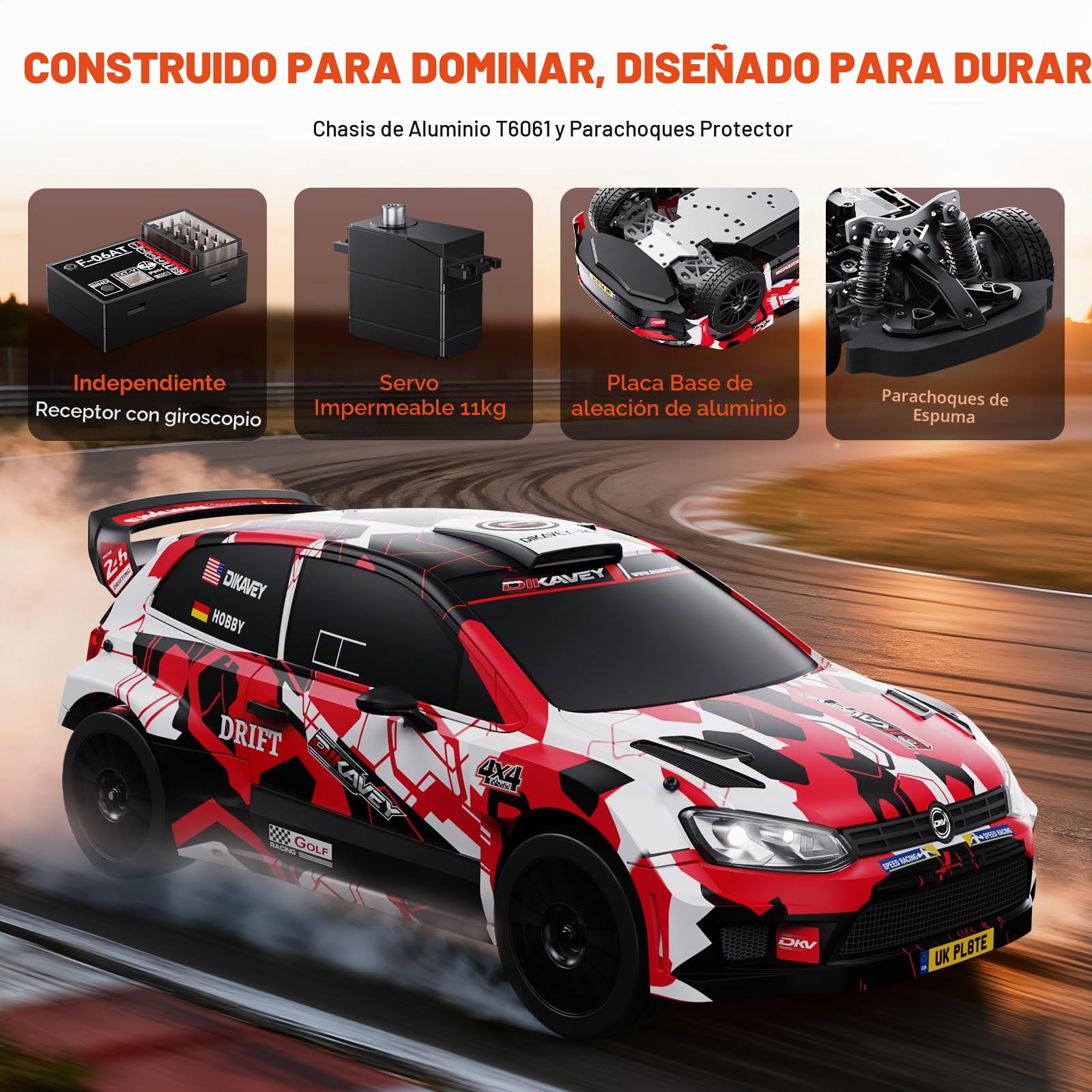 Coche radiocontrol RTR 1:12, Velocidad máx. 80 km/h, Coche de Drift con Giroscopio 4x4, Motor brushless, Batería 3S 2200 mAh, Coche teledirigido 4WD para Adultos - Naranja