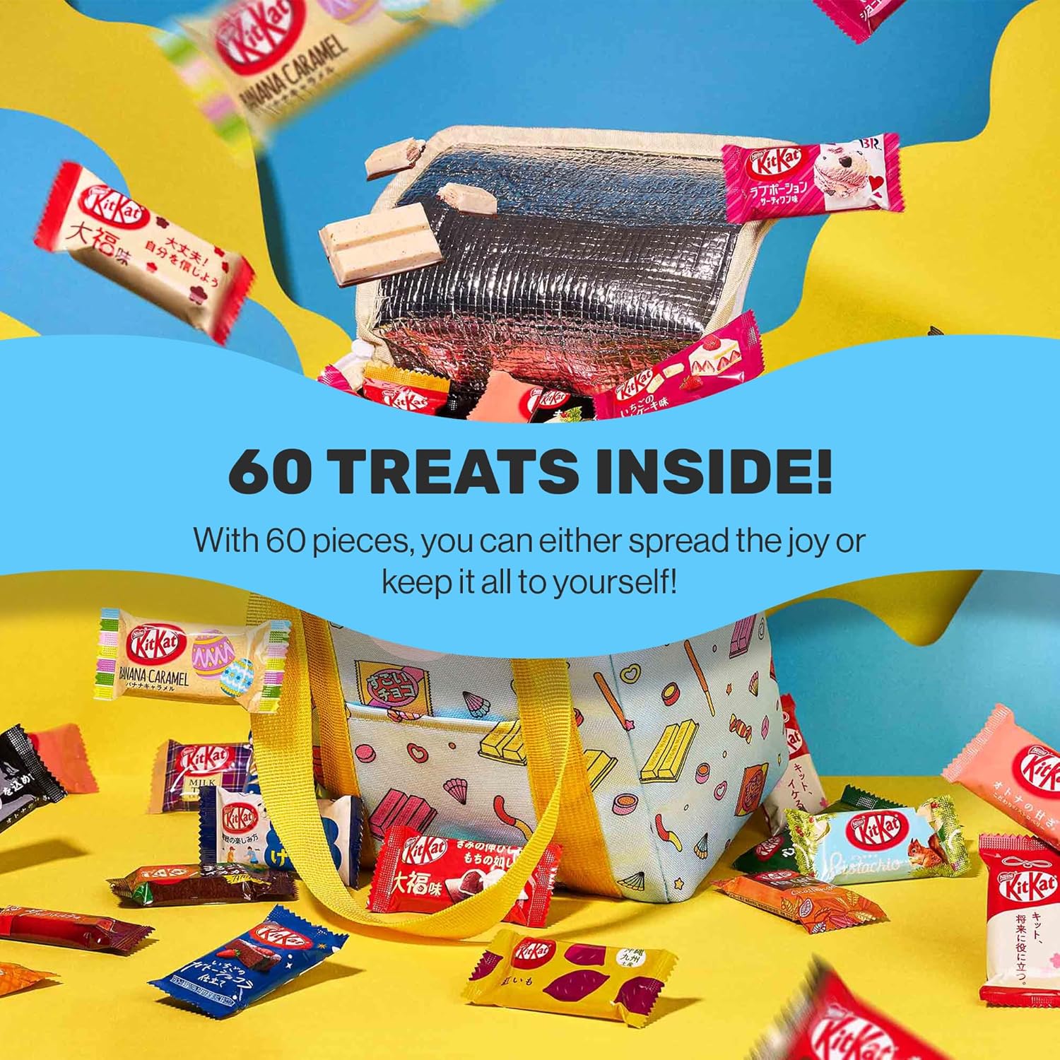 Sugoi Mart Japanese Kitkat Variety Pack - 50 Pcs Mini Kitkats Individually Wrapped Japanese Chocolate Wafer Bars, 7-9 Assorted Flavors with Stylish, Reusable Cooler Bag