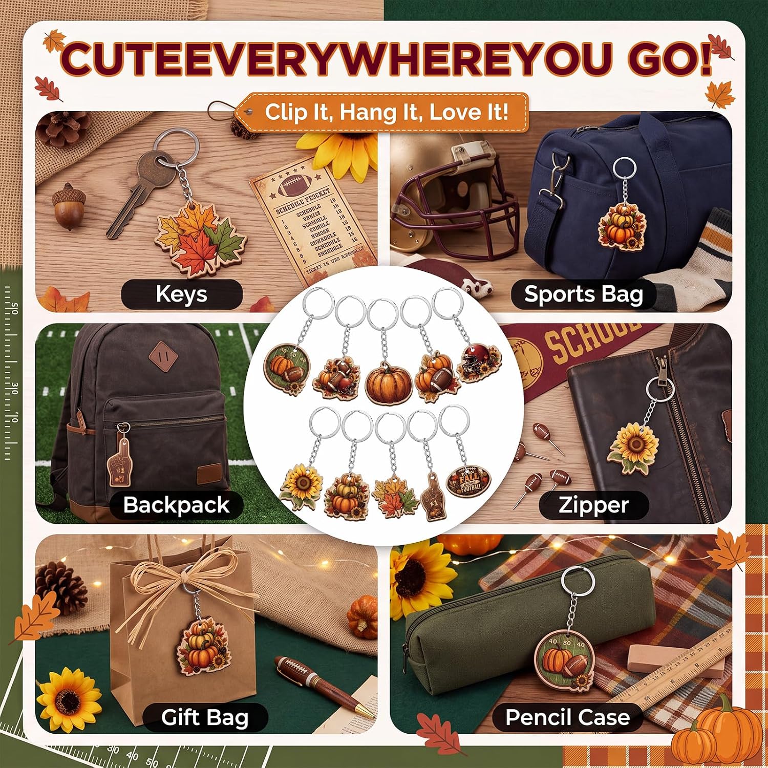 Amyhill 50 Sets Fall Football Keychains Bulk, Autumn Themed Wood Keychain