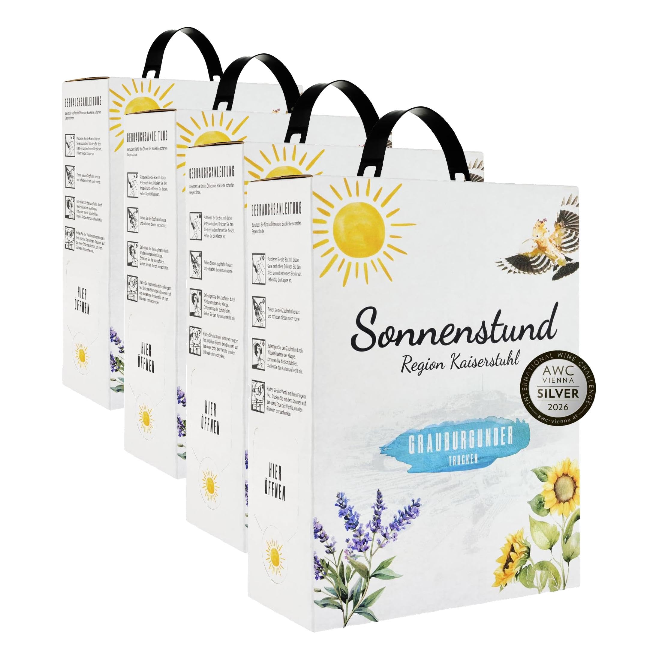 Sonnenstund Grauburgunder trocken 3 Liter Wein-Box, zarte Fruchtaromen nach Pfirsich, Apfel und Zitrusfrüchten, Grauer Burgunder QbA vom Kaiserstuhl (1 x 3,0 l Bag-in-Box) (Packung mit 4)