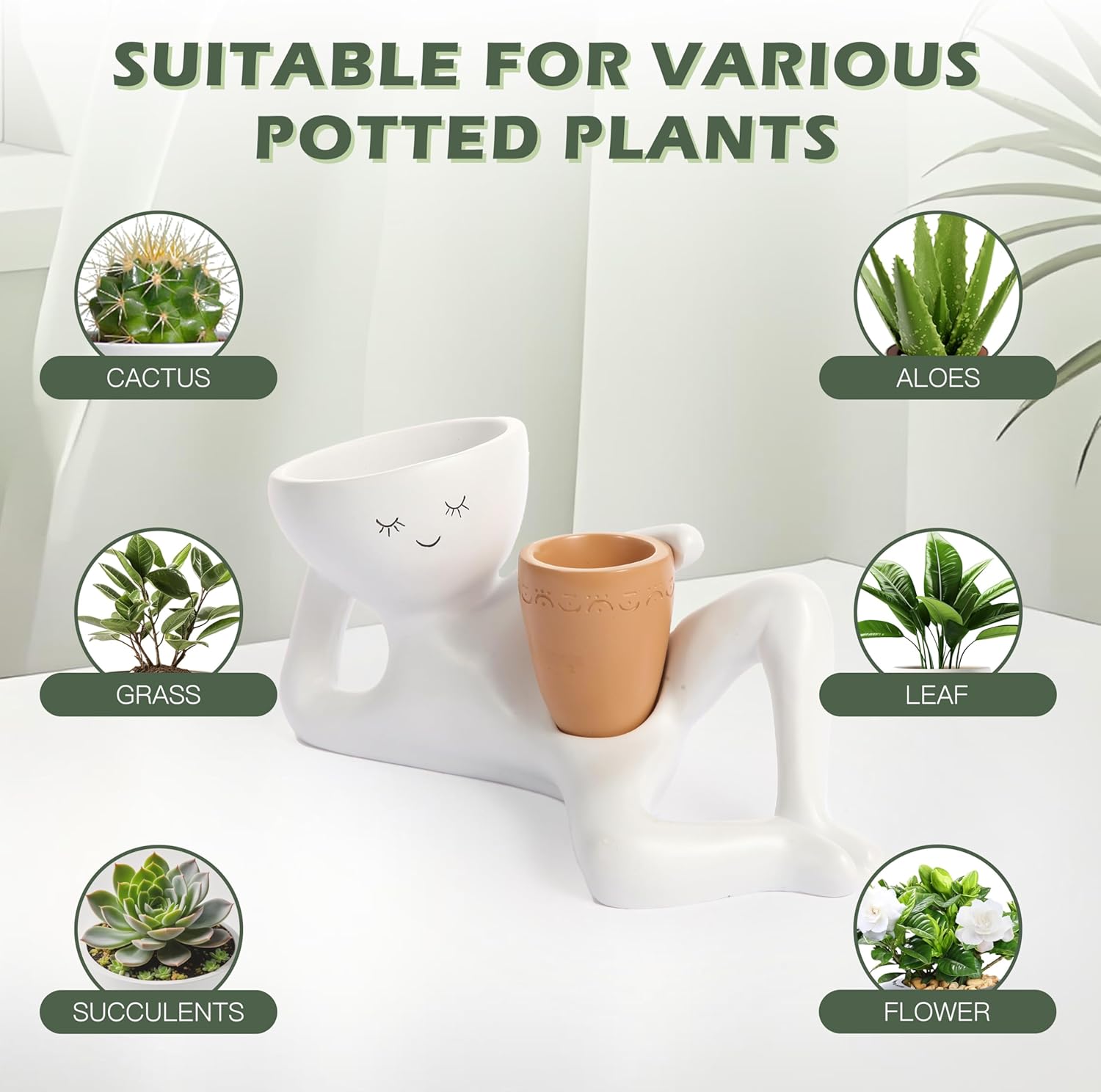 Lazy Guy Planter, Suitable for Small Indoor Plants, Cacti, and Succulents. Ceramic Plant Pots with Drainage Holes - Modern Decorative Flower Pots for Desk, Home and Office Decor