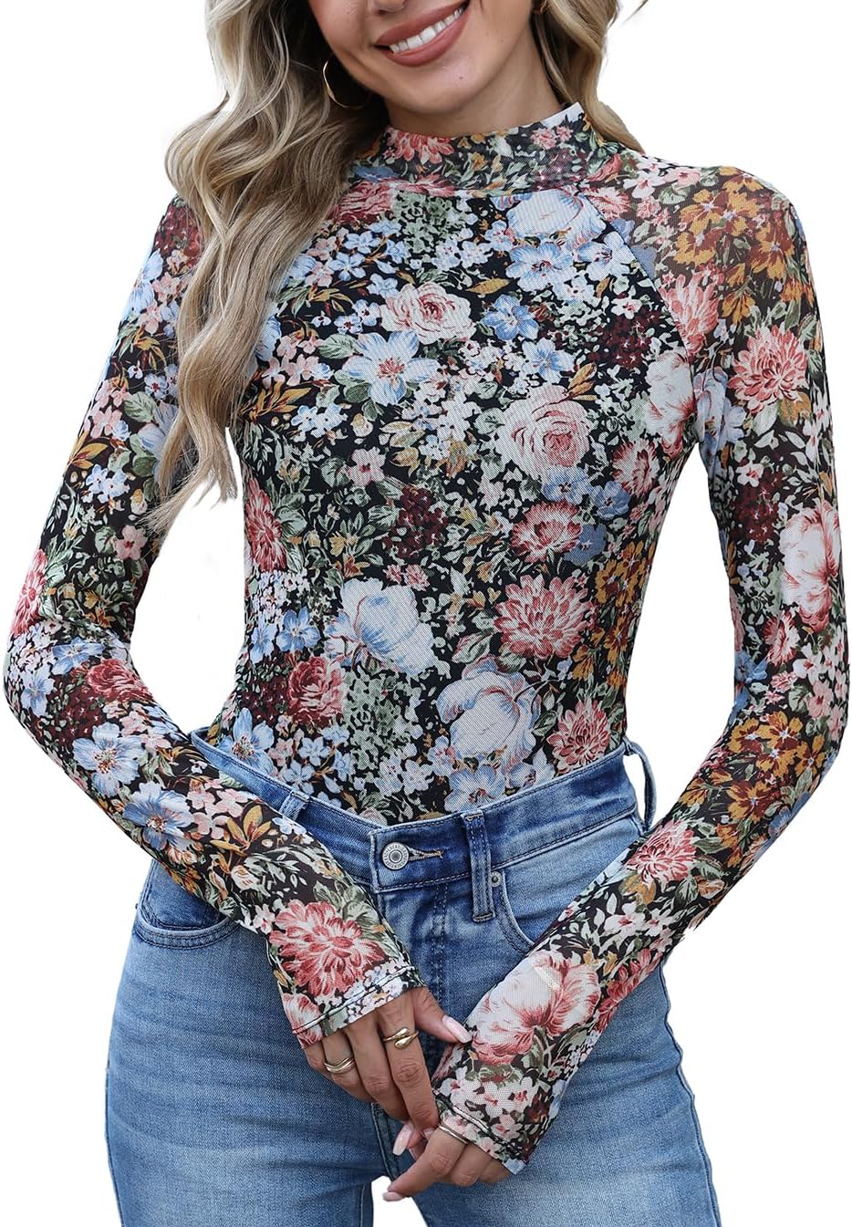 Women Dressy Mock Turtleneck Floral Mesh Long Sleeve Going Out Thong Bodysuits Tops Fall Fashion 2025