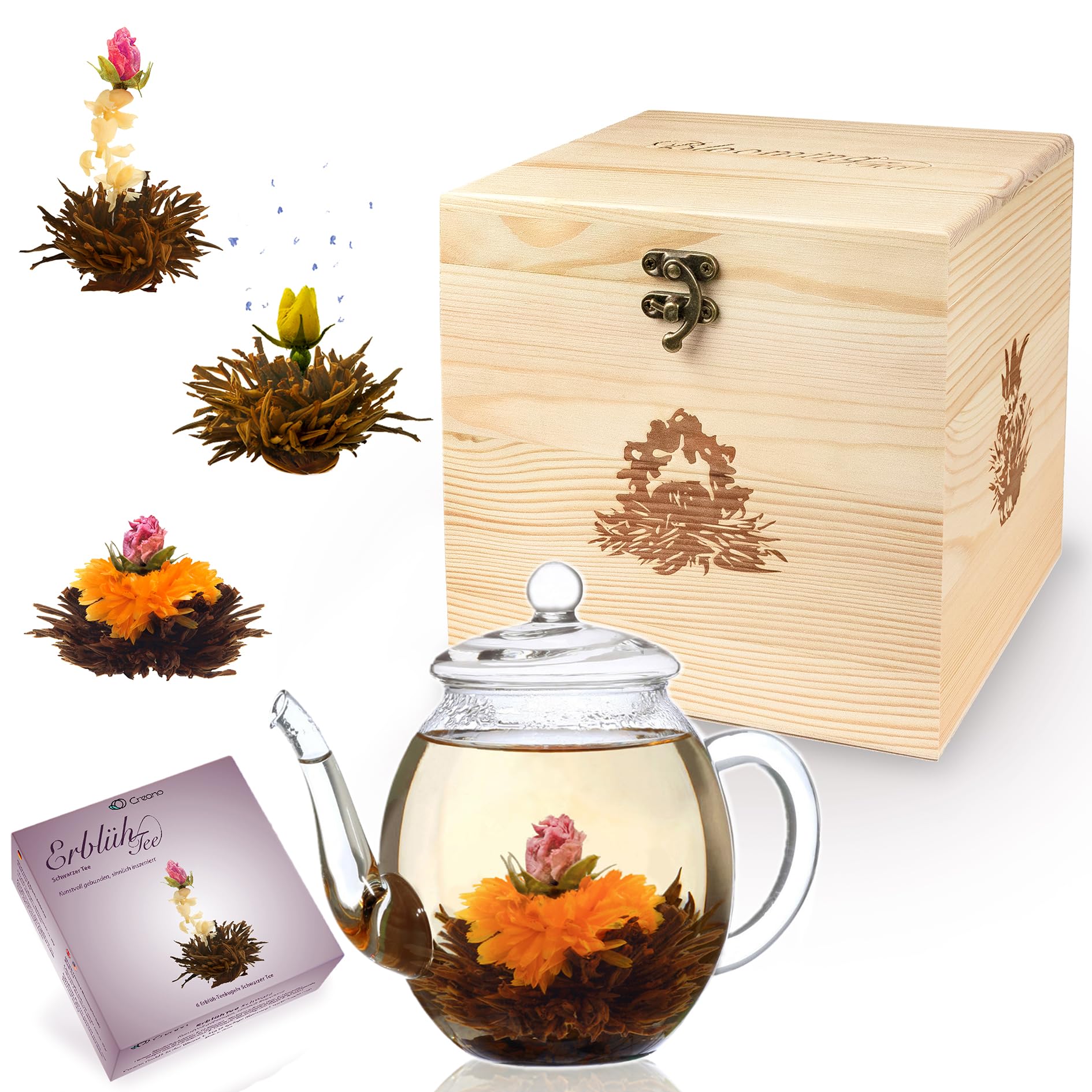 Creano Teeblumen - Mix Geschenkset Erblühtee mit Glaskanne in edler Holz-Dekobox - 6 verschiedene Teerosen in 3 Sorten (Schwarzer Tee)