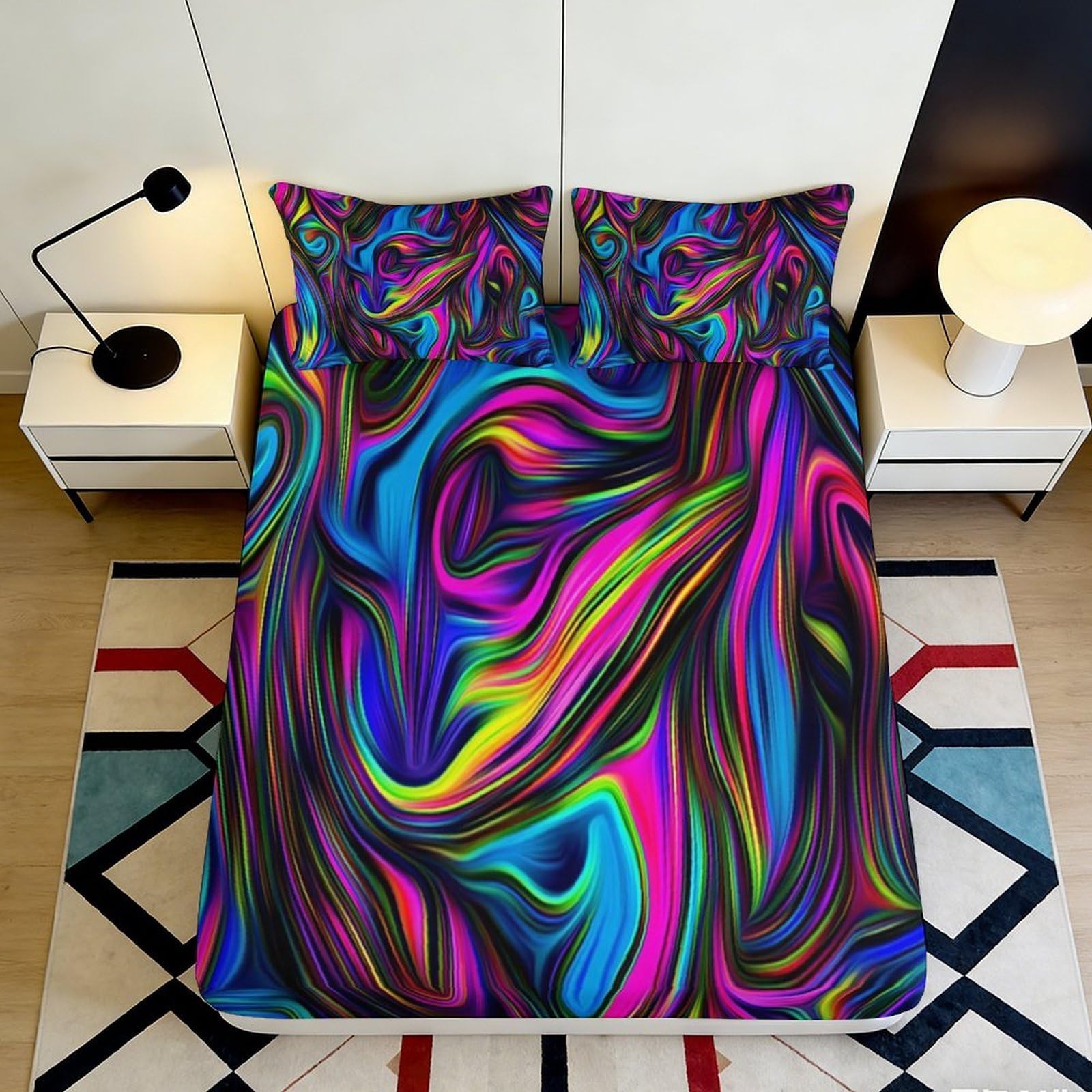 3D Printed Neon Swirl Fitted Sheet Microfiber Colorful Abstract Mattress Cover for Bedroom Dorm Decor Easy Care 120x200x25cm