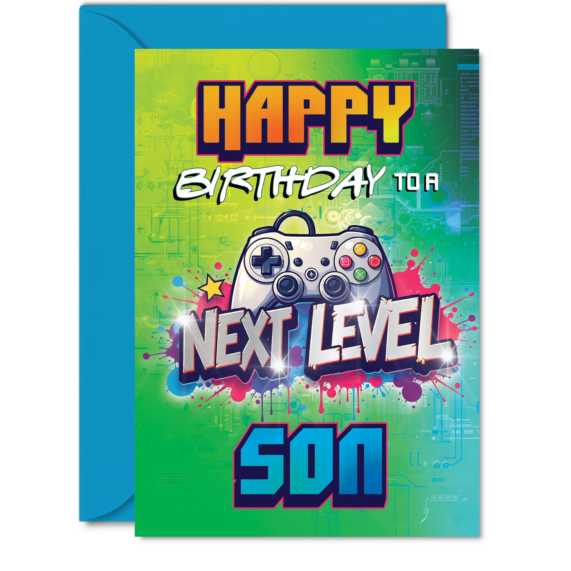 Son Birthday Card - Next Level - Happy Birthday Card for Son from Mum Dad, 5x7 Inch Gamer Bday Greeting Cards