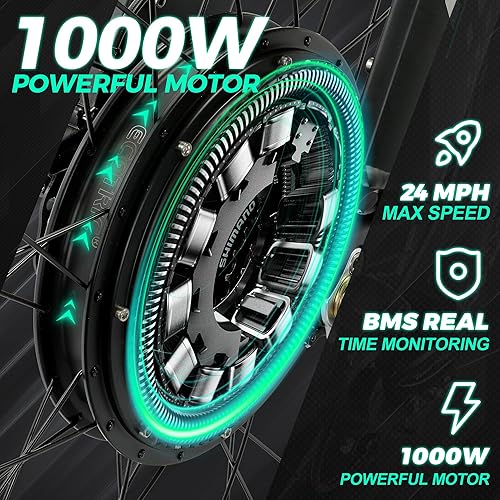 ECOTRIC 26 "Bicicleta eléctrica 1000 W potente motor bicicleta montaña ebike 48V/12.5AH batería extraíble suspensión tenedor negro ciudad neumático