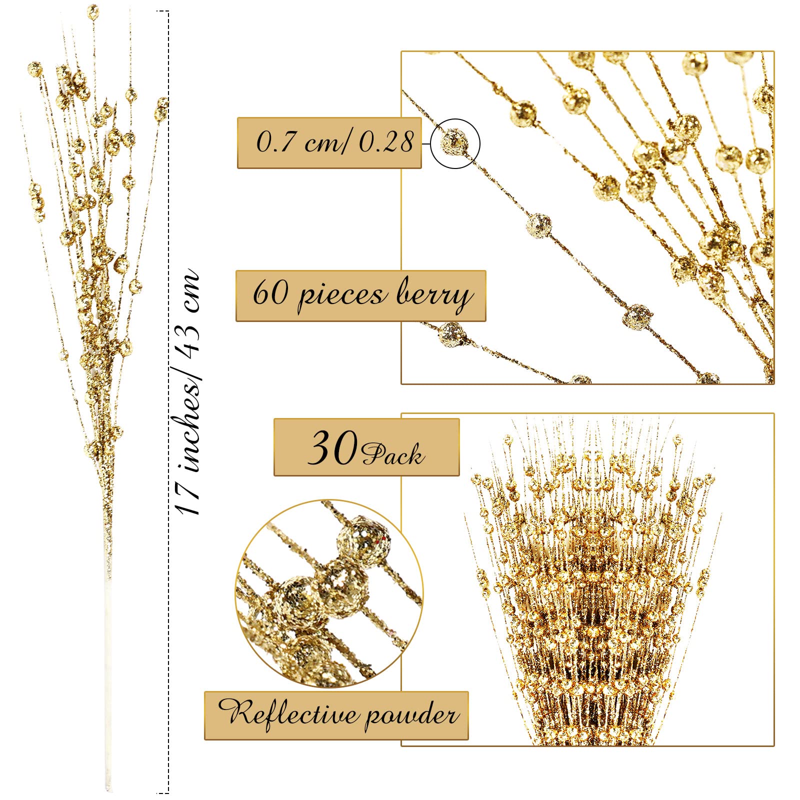 Geosar 30 decorazioni artificiali glitterate a forma di bacca, 43 cm, bastoncini finti floreali, centrotavola, ramoscelli di perline per centrotavola, ghirlande di alberi, ornamenti per la casa (oro)