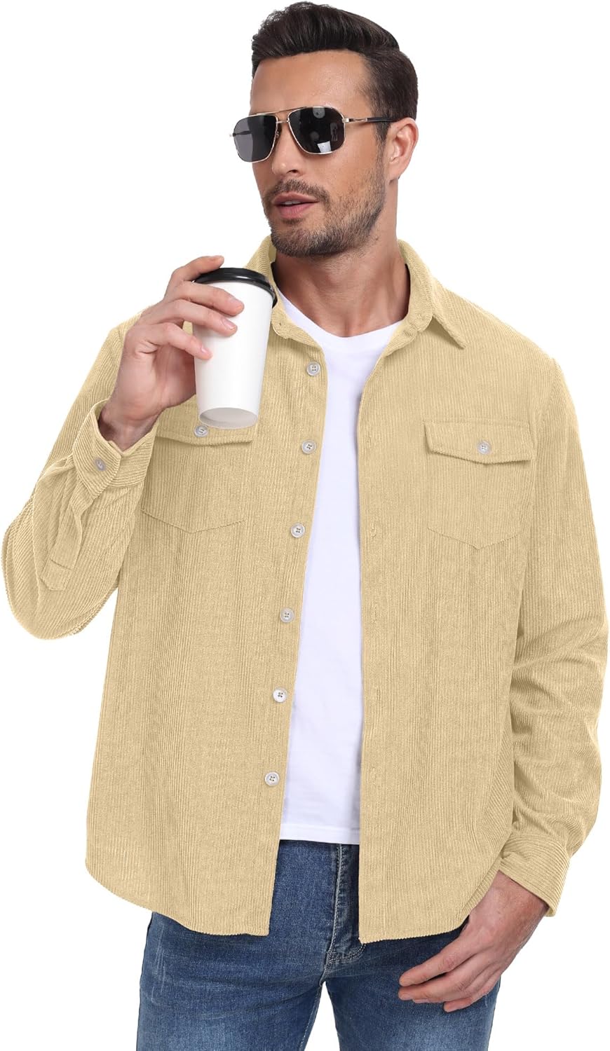 Askdeer Men's Corduroy Button Down Shirts Long Sleeve Casual Shacket Jacket Western Corduroy Shirt Jacket with Flap Pockets