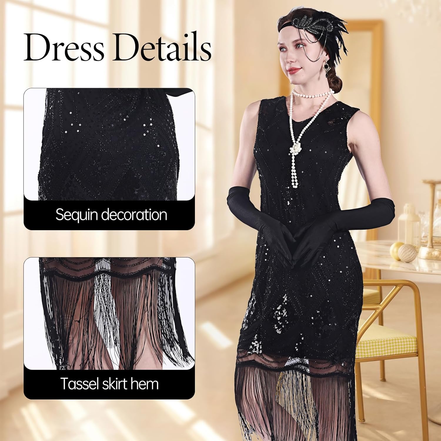 1920s Flapper Dresses for Women, Fringed Sequin Great Gatsby Dress for Women with 20s Accessories
