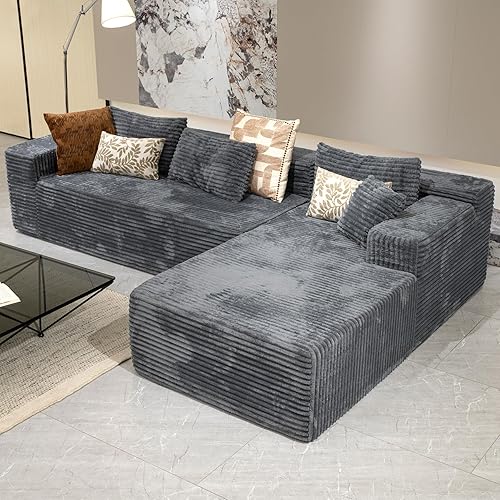 Grey sectional couches for Living Room-Corduroy Couch，104" Cloud Sectional Couch with L-Shape Chaise， Modern Modular Sofa, Deep Seat Comfort, No Assembly Required(Plush Corduroy Fabric)
