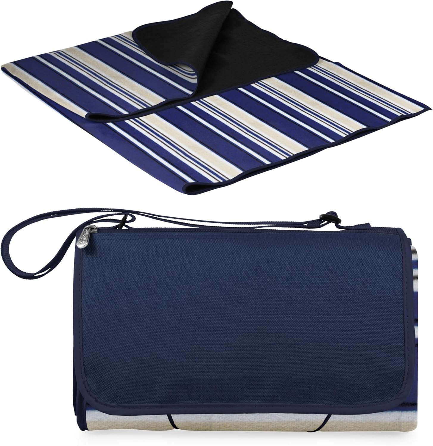 ONIVA Blanket Tote XL Outdoor Picnic Blanket, 70"x80" Foldable Beach Blanket with Fleece Top, Water-Resistant Backing, Strap & Pocket, Portable Mat for 4-5 People by Picnic Time (Blue Stripe/Navy Flap)