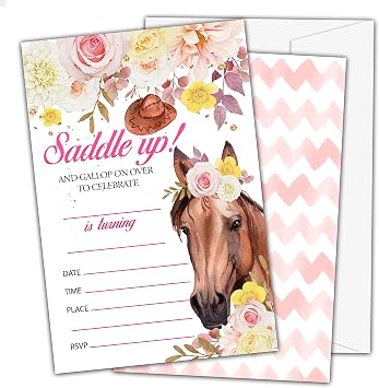 OICPYD Pony Horse Birthday Invitations, Floral Horse Farm Theme Birthday Party Invitations for Girls Kids, Fill In Birthday Party Invites, Decorations, Favors, 20 Invitations with Envelopes HA12