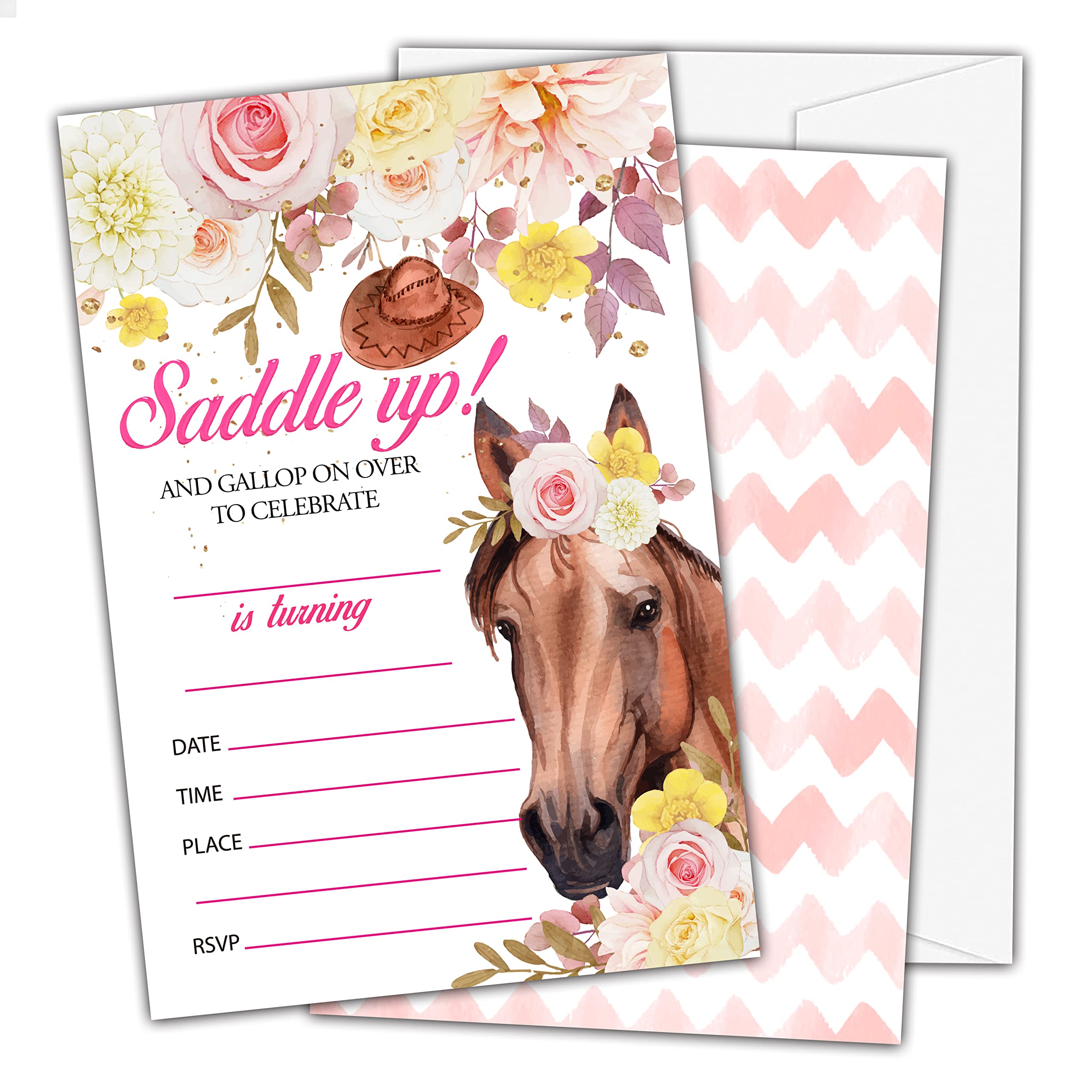 OICPYD Pony Horse Birthday Invitations, Floral Horse Farm Theme Birthday Party Invitations for Girls Kids, Fill In Birthday Party Invites, Decorations