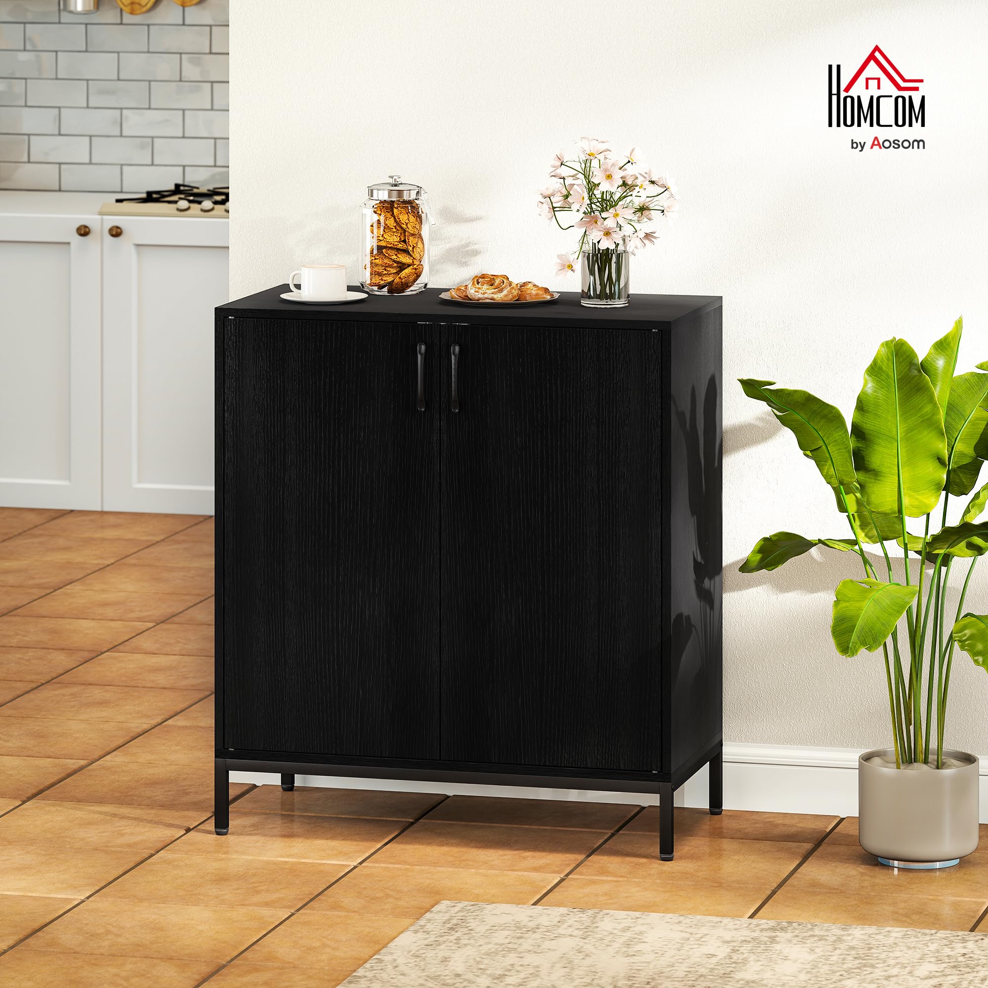 HOMCOM Credenza da soggiorno con 2 ante, credenza da cucina moderna, ripiano regolabile e base rialzata, per sala da pranzo, corridoio, camera da letto, 80x40x90 cm, nero