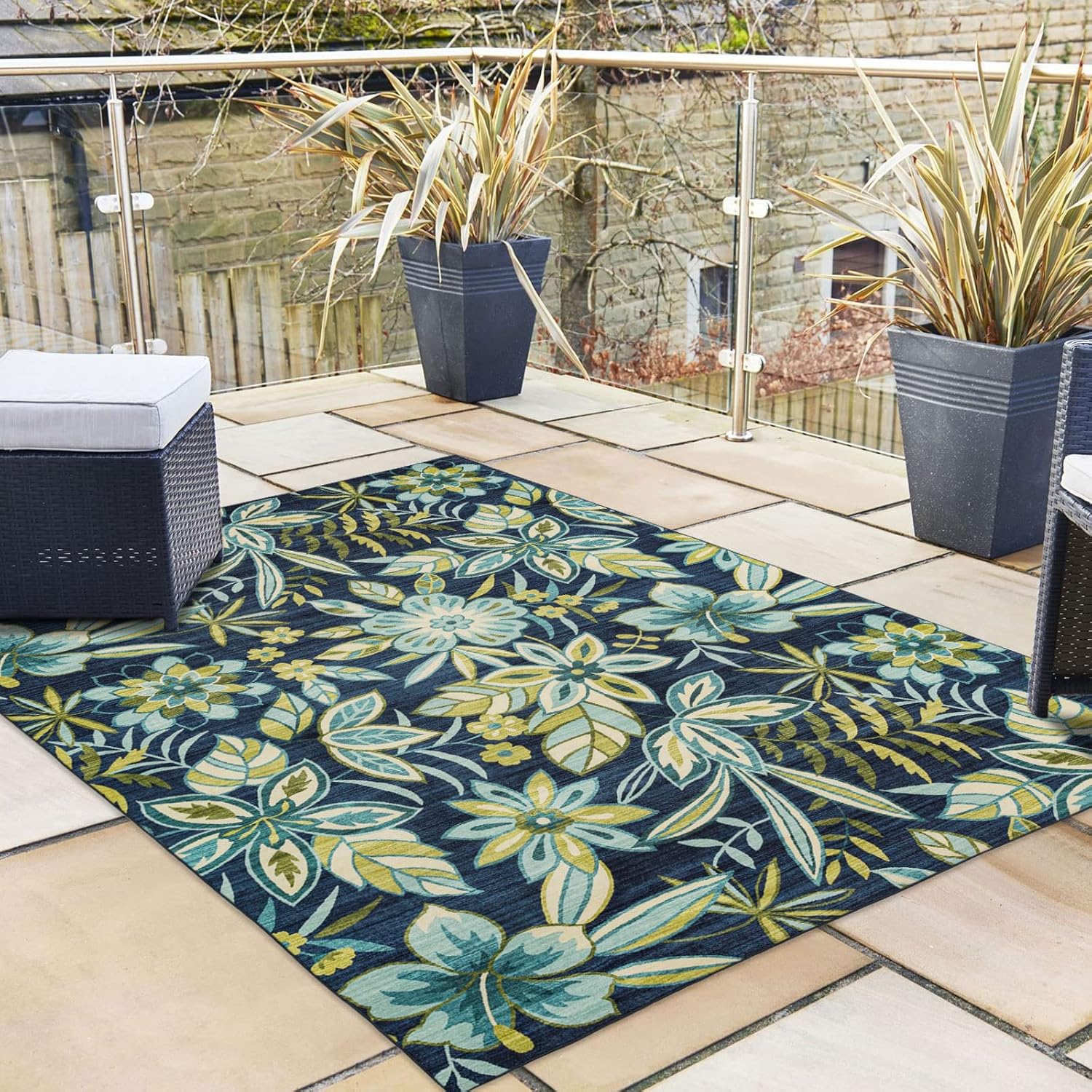 DECOMALL BLODWEN Indoor Outdoor Rugs, Floral Botanical Leaf Tropical Area Rug for Bedroom Livingroom Deck Backyard Balcony Patio,Blue Green 3’6”x5’6”