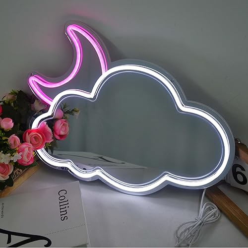 Miniatura 9 de COLORNEON Espejo de neón de doble función luces de neón LED de nube blanca y luna rosa, acabado espejo, brillo ajustable, letreros de neón