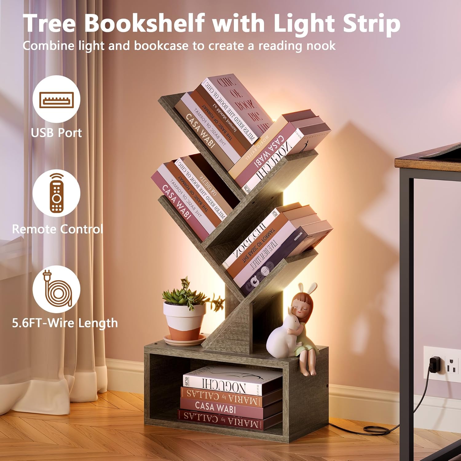Hoctieon 3 Tier Tree Bookshelf with LED Lights, Small Bookcase with Drawer, Desktop Organizer Book Shelf, Display Floor Standing Storage Shelf, for Living Room, Bedroom, Office, Greige