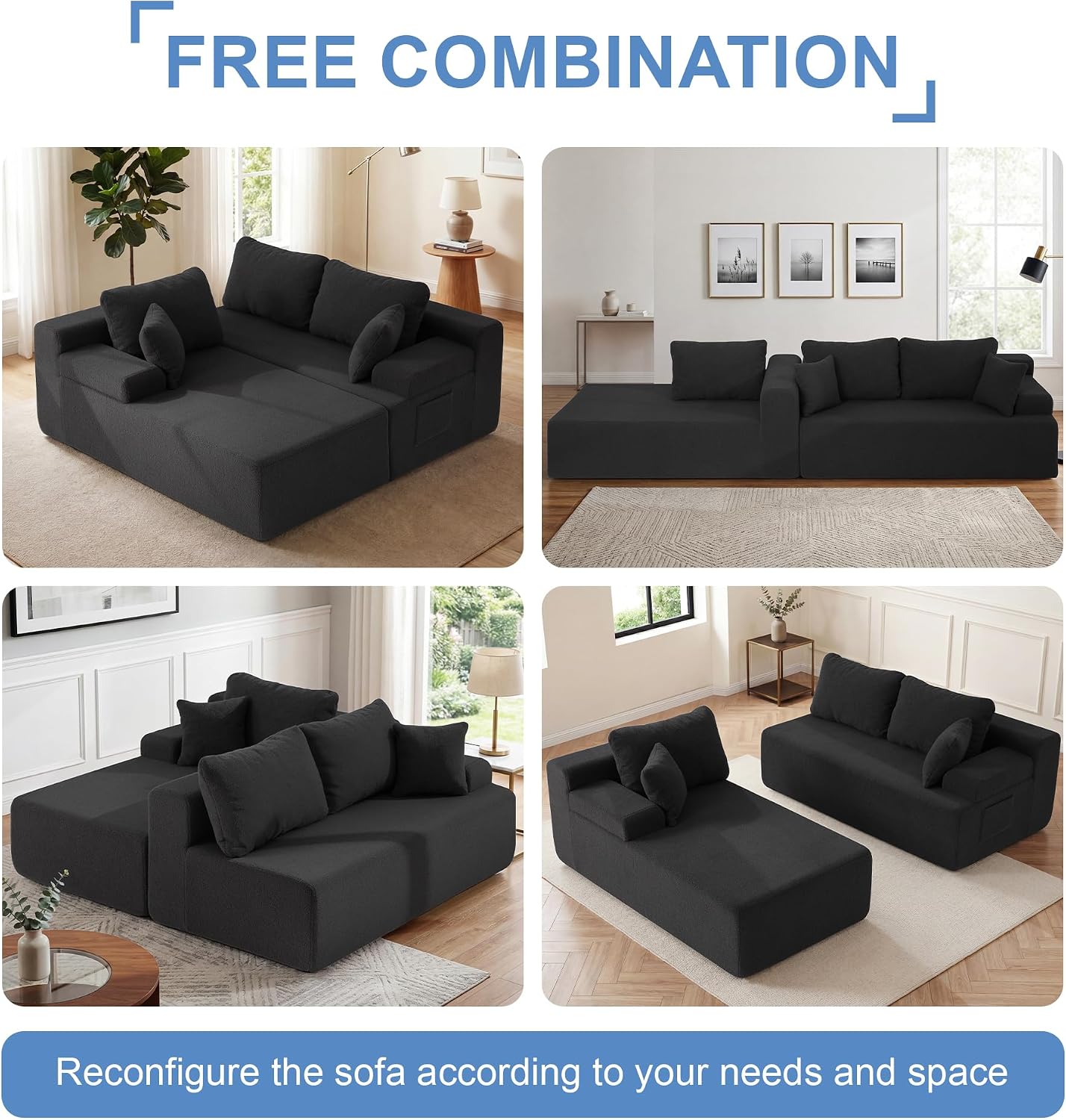 Hobestluk Modular Sectional Sofa Couches L-Shape Couch 3 Seat Modular Sofa Memory Foam Sectional Couches for Living Room, Cloud Couch with Oversized Chaise (Black Smooth, 96", Left Hand Facing) thumbnail