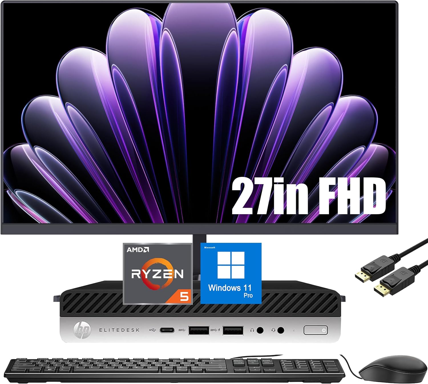 HP EliteDesk 705 G4 Mini Desktop Computer, Micro PC w/ 27in FHD Monitor, AMD Ryzen 5 Pro 2400GE, 8GB RAM, 256GB SSD, USB WiFi, BT, Win11 Pro (Renewed)