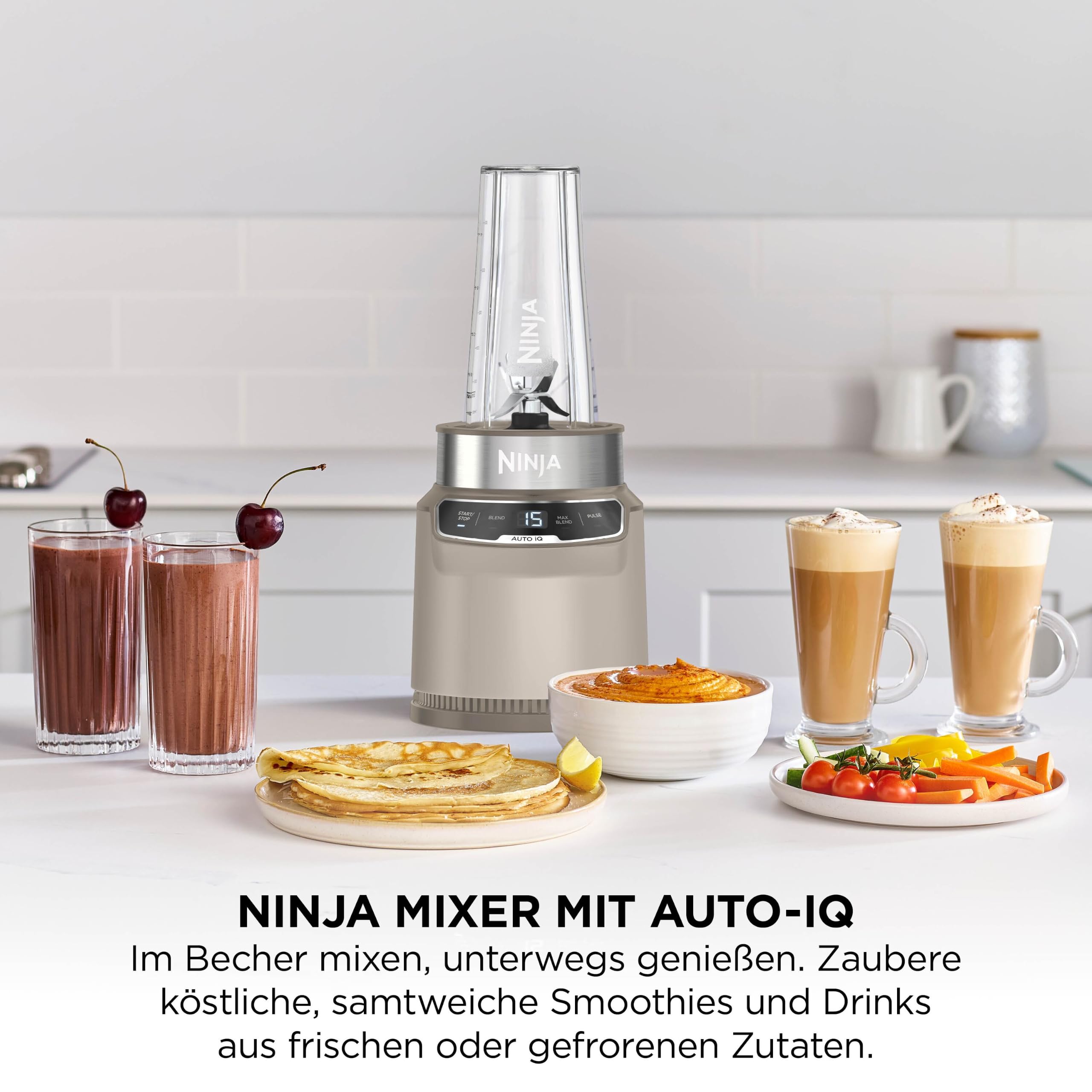 Ninja Personal Blender. Mixer mit Auto-iQ Technologie, 1000-W-Motor, inkl. 1x Becher für eine Portion mit 700 ml, Stonegold BN500EUSD1