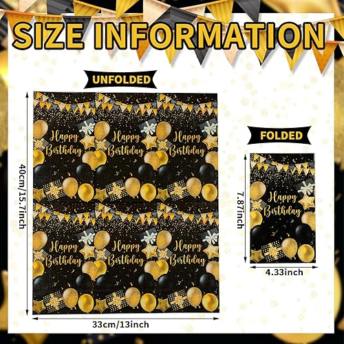 Miniatura 4 de Zonon 200 servilletas desechables con temática de feliz cumpleaños, color negro y dorado, toallas de mano desechables con globos, servilletas de