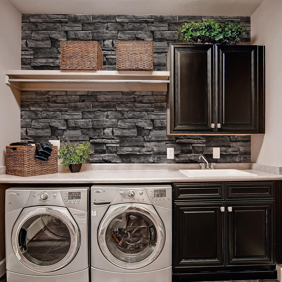 Jeweluck Grey Brick Wallpaper Peel and Stick Wallpaper 17.7”×393.7” Faux Stone Wall Paper Peel and Stick Brick Contact Paper for Kitchen Stone Self Adhesive Removable Decorative for Walls Vinyl