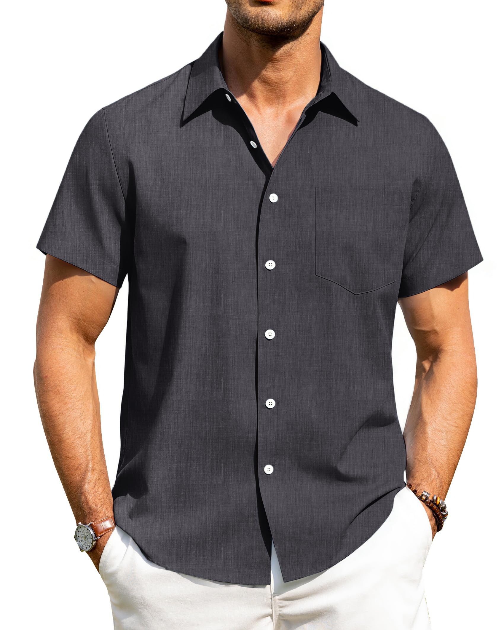 HMIYA Herren Hemd Kruzarm reizeit Button Down Shirt Sommer Strandhemd Freizeithemd Regular mit Tasche