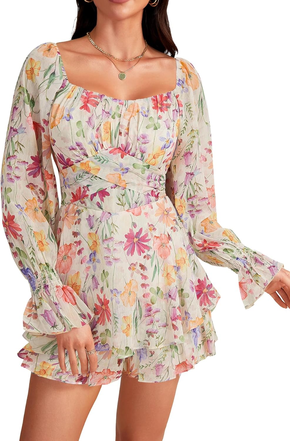 LYANER Women's Floral Print Off Shoulder Long Sleeve Ruffle Hem Romper Short Jumpsuit