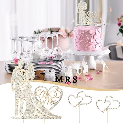 Miniatura 5 de Paquete de 3 decoraciones de boda con diamantes de imitación de metal con forma de corazón de cristal para novia y novio, decoración de fiesta de