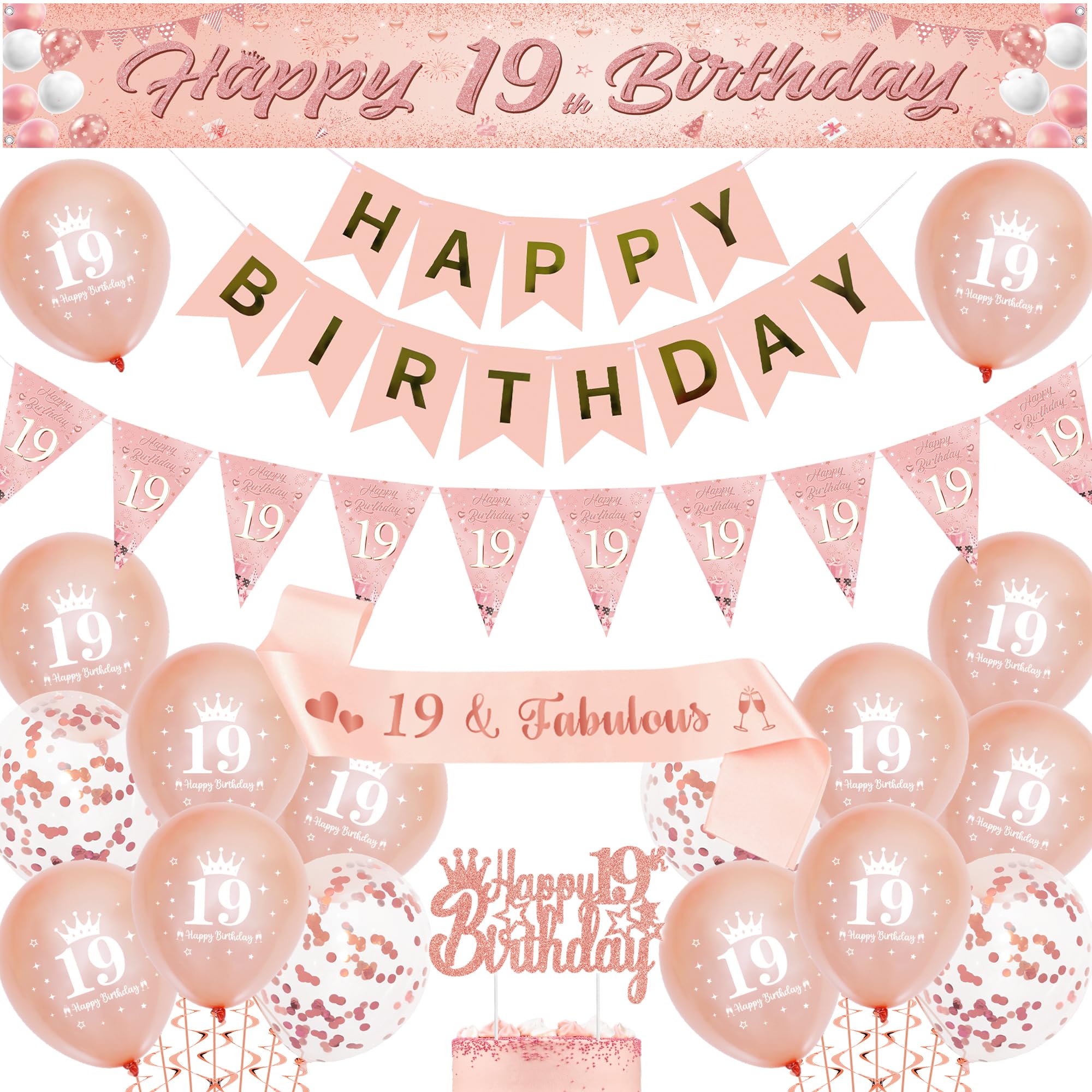 19th Birthday Decorations Banner Girls - Rose Gold Party Balloons Set with Pennant Sash, Happy 19 Years Old Birthday Yard Banners and Cake Topper for Girl Party Supplies