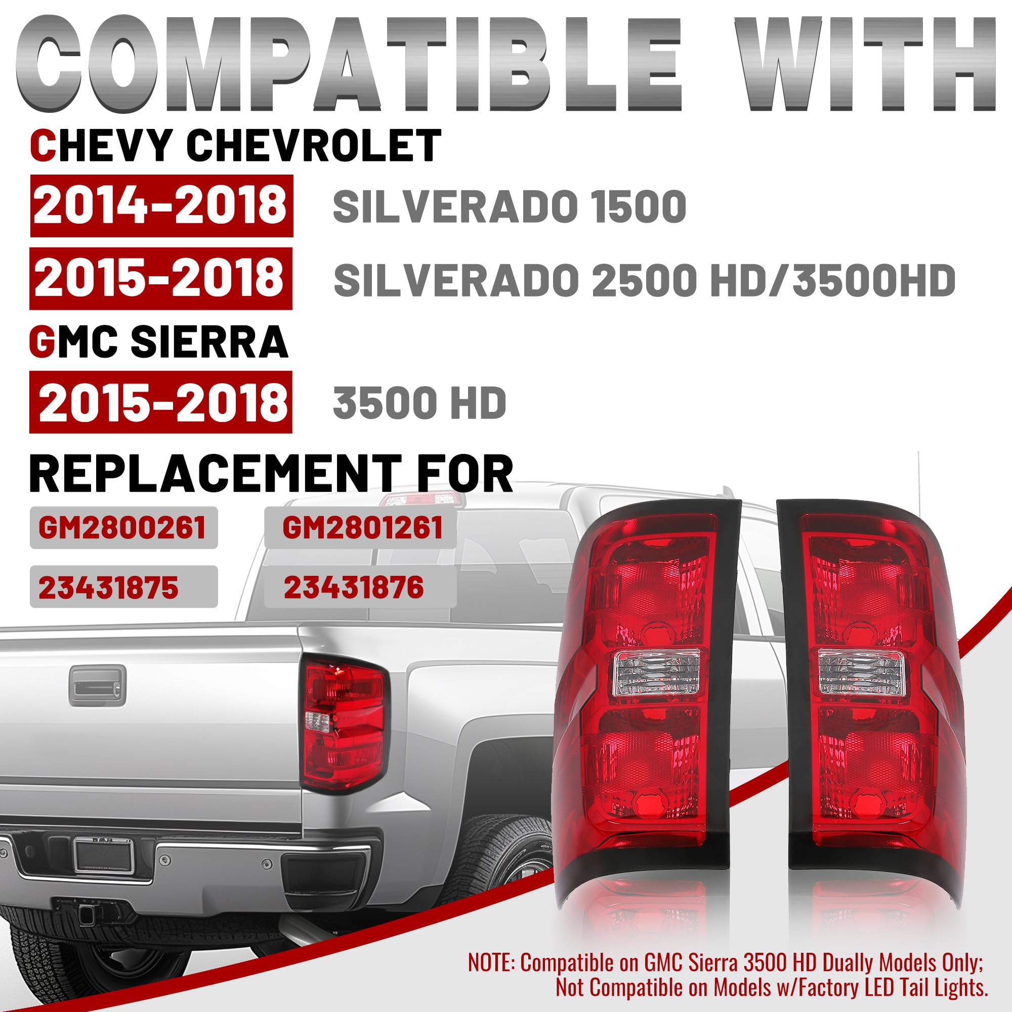 HECASA Tail Lights Assembly Compatible with 2014-2018 Chevy Chevrolet Silverado 1500/2500/3500 HD GMC Sierra 3500 HD Replace for GM2800261 GM2801261 Brake Lamps Red Lens & Chrome Housing Pair